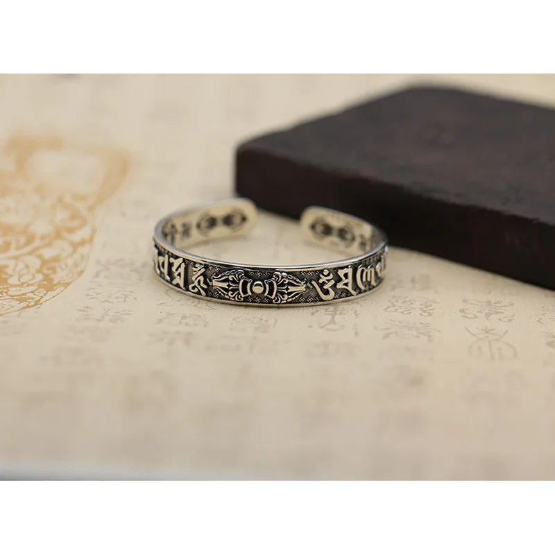 S925 Unisex Open Bangle With Vajra Scepter Design, Vintage Six-Character Mantra Thai Silver Bracelet