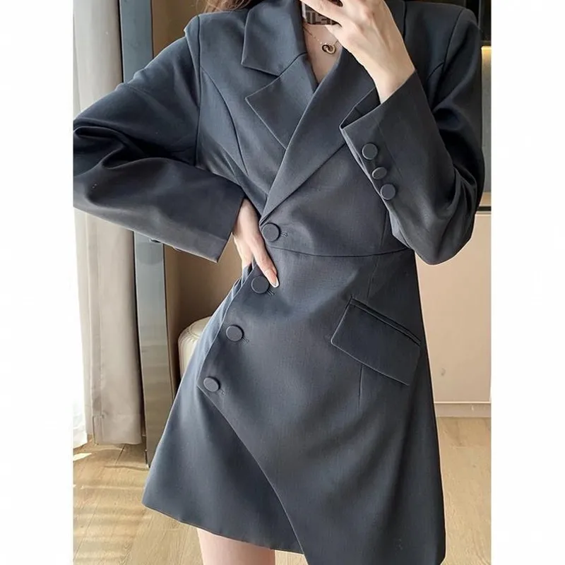 

Autumn Dress Women Suit Pleated Dress Black Irregular Suit Dress Simple Slim Office Midi Skirt Classic Collage Lady Dress