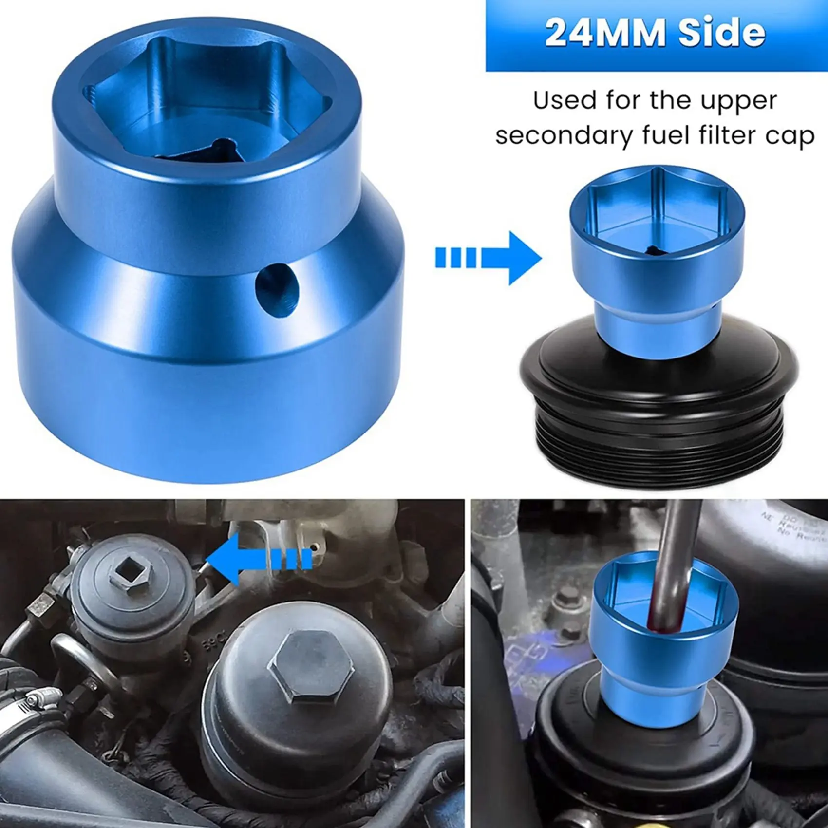 Fuel Filter/Oil Filter Socket 24mm / 36mm Remover and Installer Assistant for Ford 6.0L 6.4L 2003-2010 (Blue)