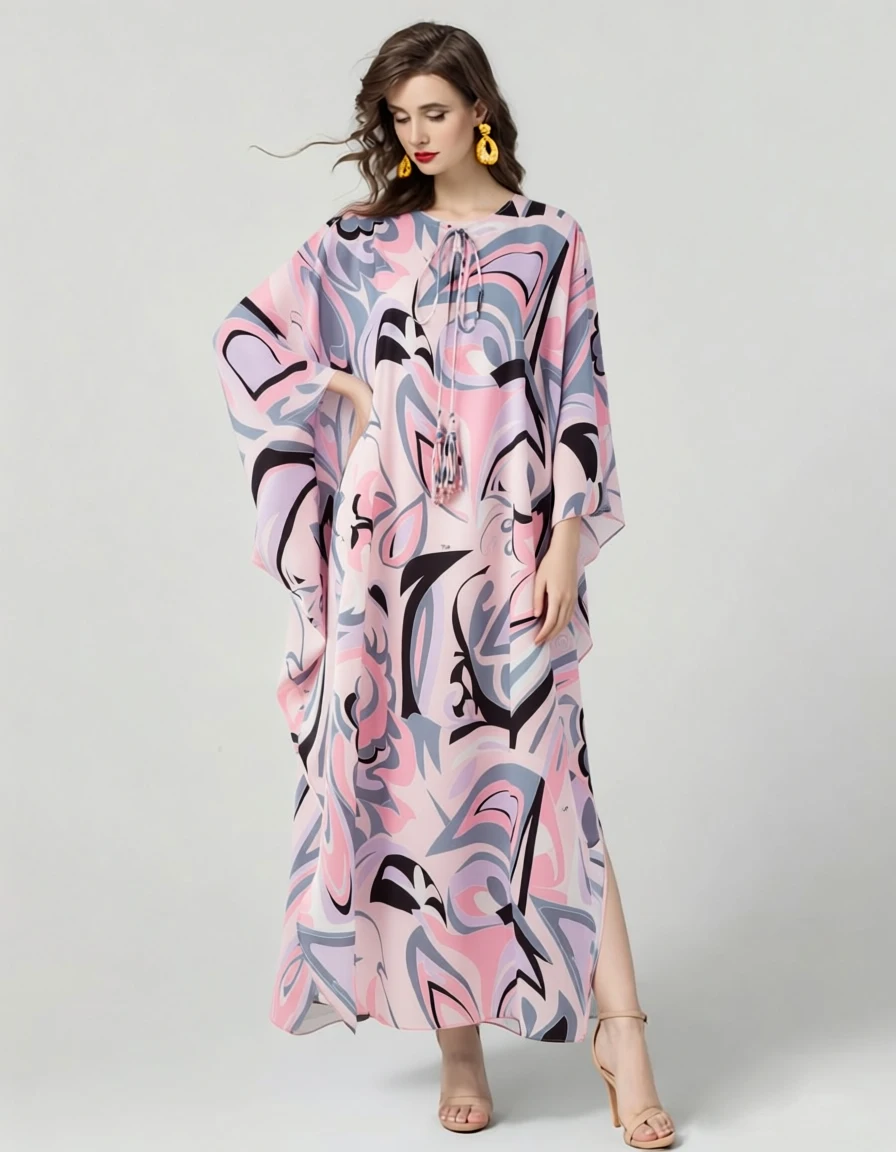 Women's Pink Abstract Print Maxi Dress Lace Up Tassels Boho Beach Fashion Long Robes Outwear