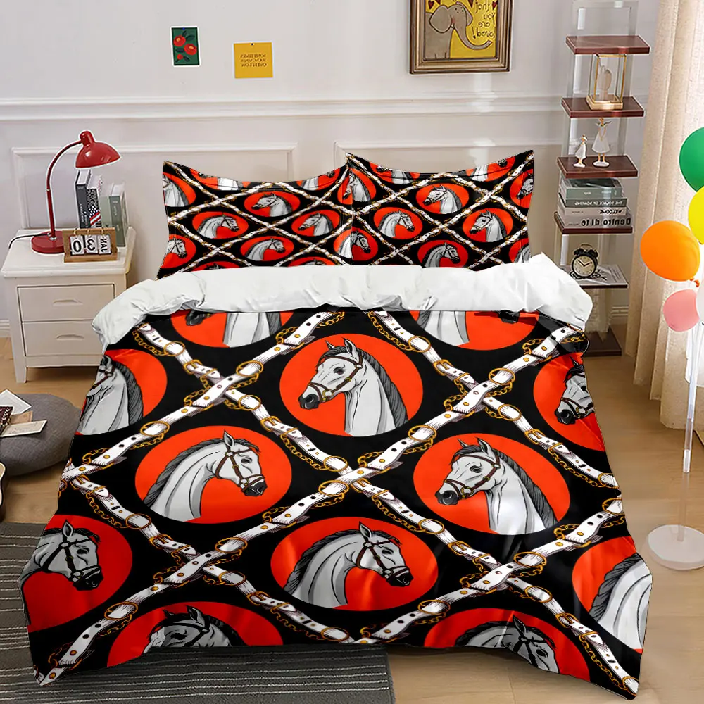 "Elegant Horse-Themed Pattern Set"  kid's and adults' bedroom decor, Exquisite three-piece bedding set gift