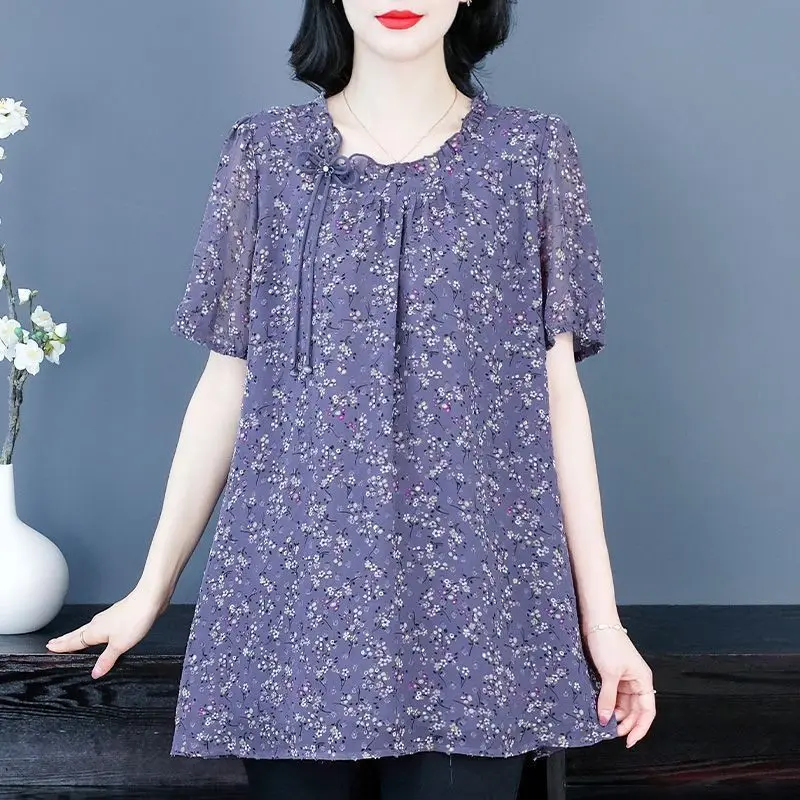 Casual Round Neck Blouse Summer Short Sleeve Folds Fashion Drawstring Bow Female Clothing Vintage Broken Flowers Loose Shirt New