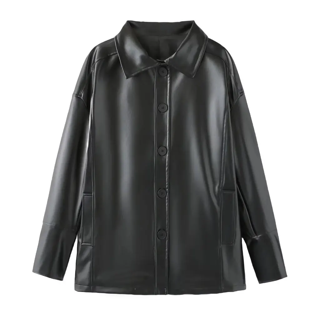 Women's Korean Style Loose PU Leather Jacket Small Lapel Vintage Girls' Outerwear Fashionable Casual Coat
