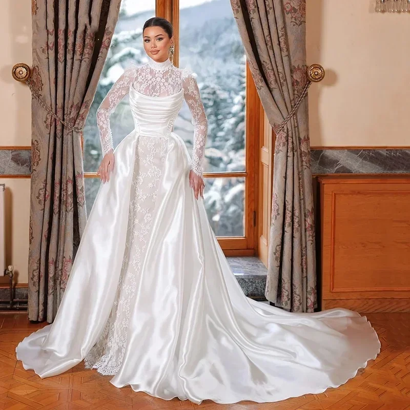 Classic Lace Stain A Line Women Wedding Dress High Collar Long Sleeves Bridal Gowns Pleat Detachable Train Dresses Customized