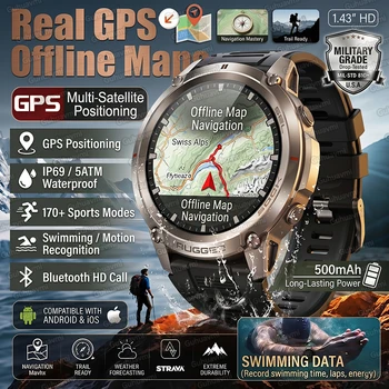 2026 Nowy Smartwatch Wojskowy z GPS, Mapami Offline, Kompasem, Wodoodporność 50M ATM, Smartwatch do Pływania dla Mężczyzn, 170+ Sportów, Zegarek Fitness dla Androida i iOS