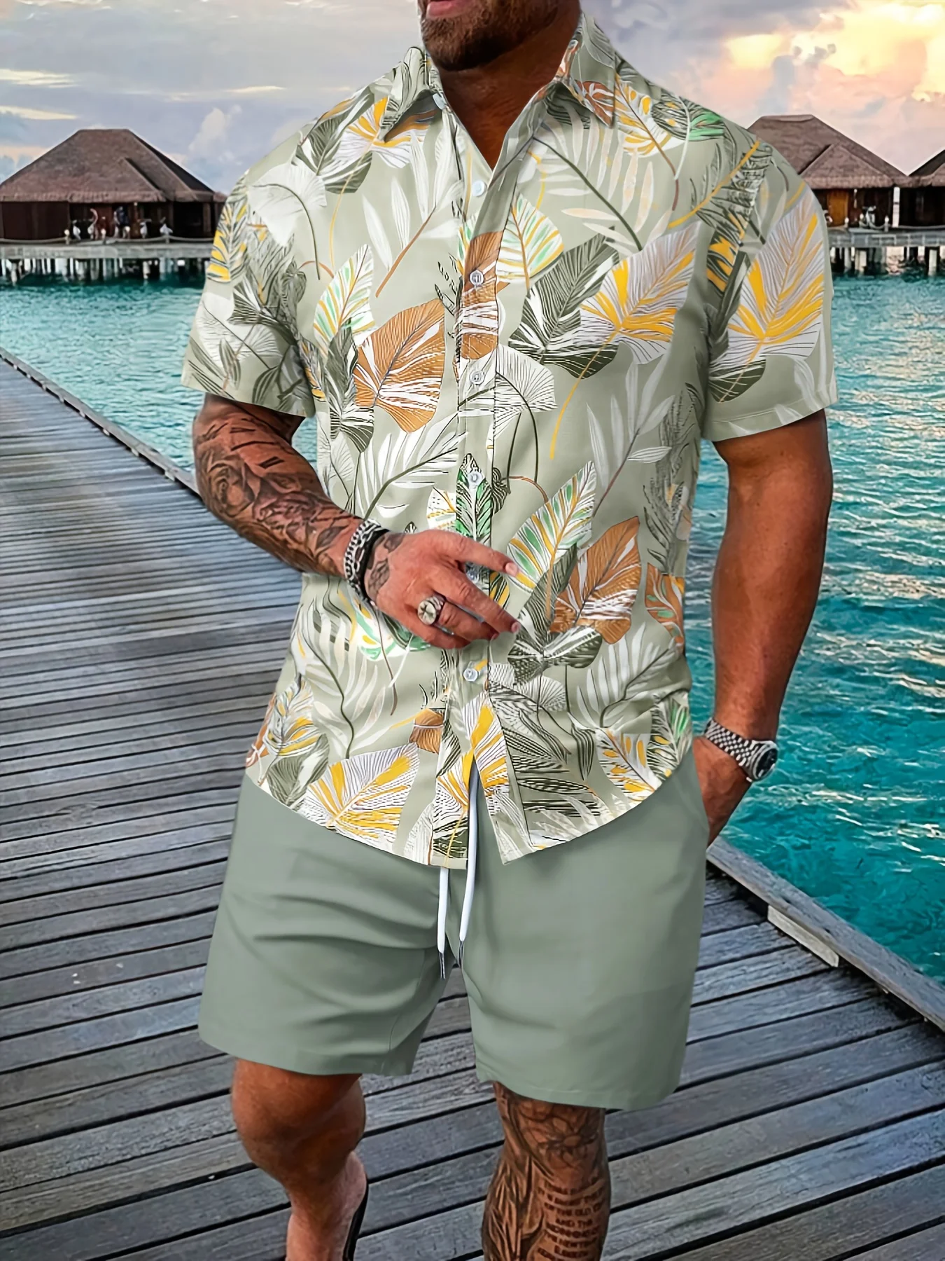 

Men's Shirt Short Sleeve Shorts Set Tropical Floral Hawaiian Casual Button Down Palm Leaves Print Summer Casual Beach Wear Sets
