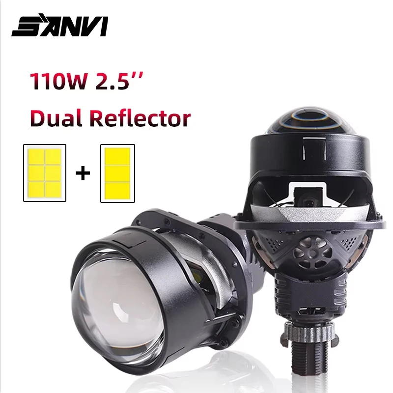 SANVI 2.5'' Auto Bi LED Projector Lenses for Car Headlight H4 H7 9005 9006 Light Bulb Angel Eyes Motorcycle Light 110W 31100Lux