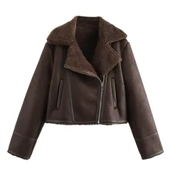 PB&ZA2024 Autumn/Winter New Product: Leather and Fur Integrated Double sided Collar Long Sleeve Short Cotton Jacket Coat