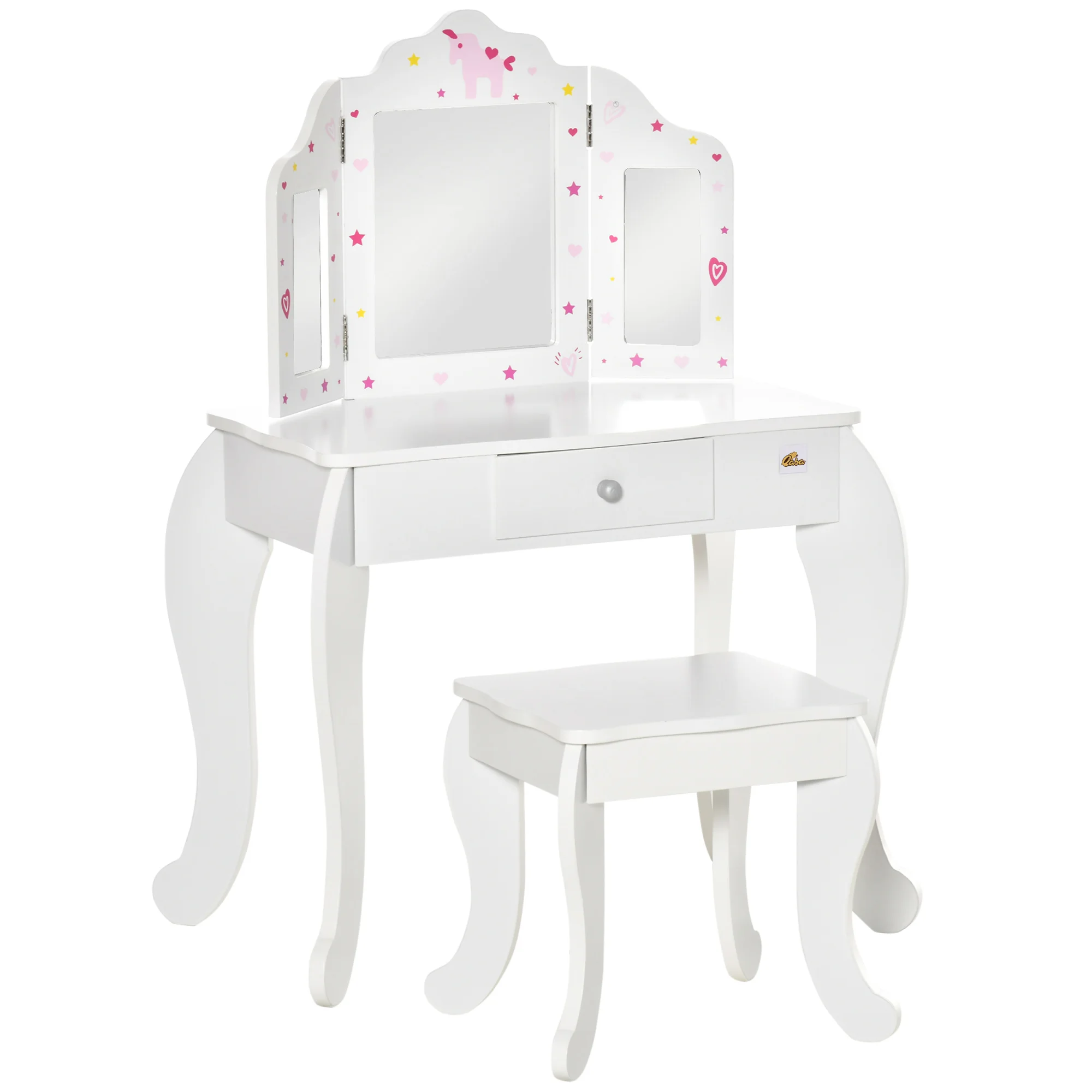 HOMCOM Tocador Infantil de Madera con Taburete Espejo Cajón Mesa Maquillaje Rosa
