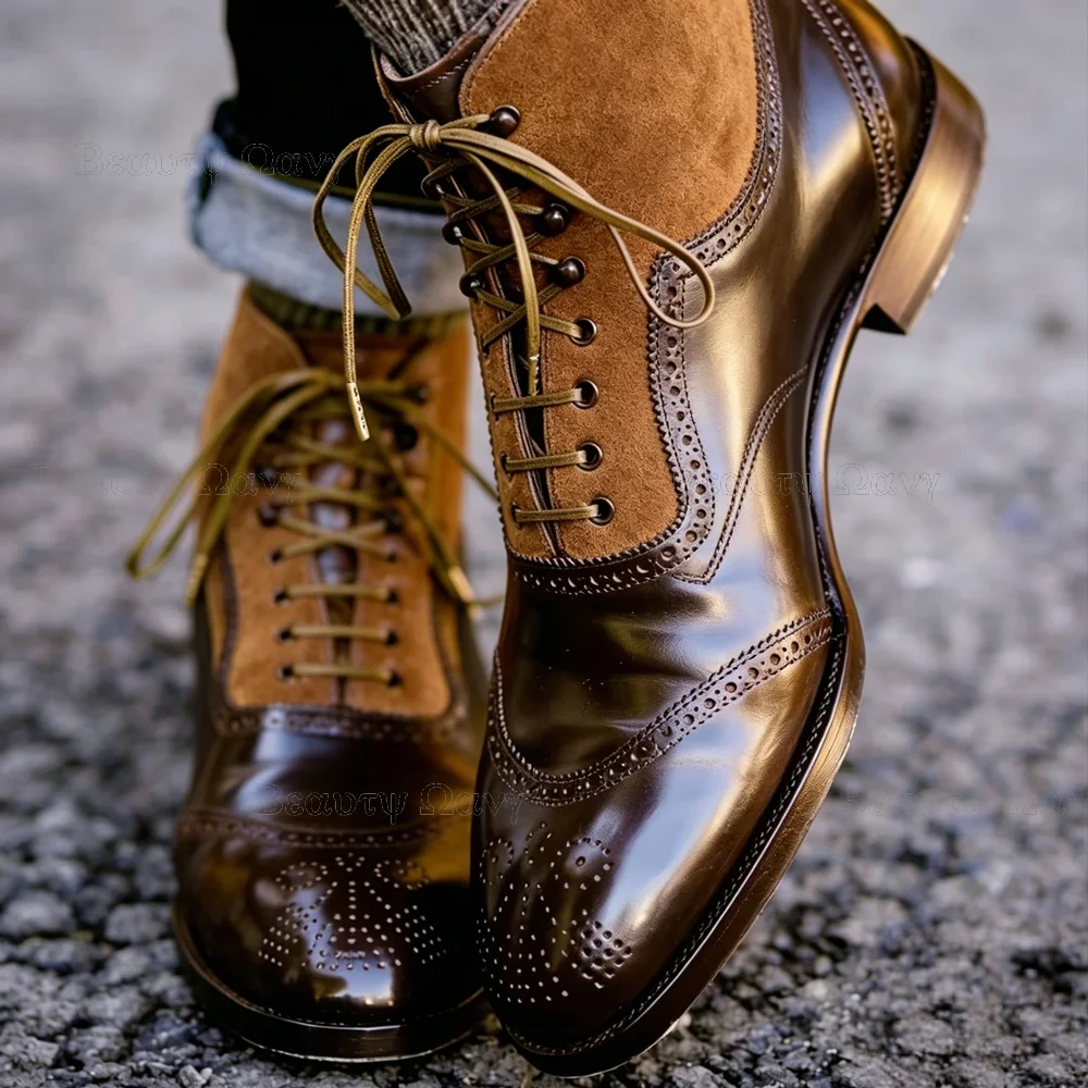 Brown Patchwork Lace up Men Shoes Dress Pumps Sewing Style Heel Slip on Round Toe High Heel Shoes for Girls Zapatos Para Hombres
