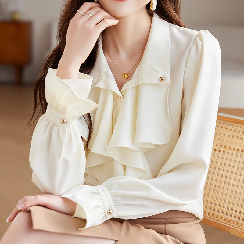 Sweet Ruffled Temperament Shirt Women Flare Sleeve Button Down Work Shirts Korean Fashion Spring Autumn New Casual Blouse Tops