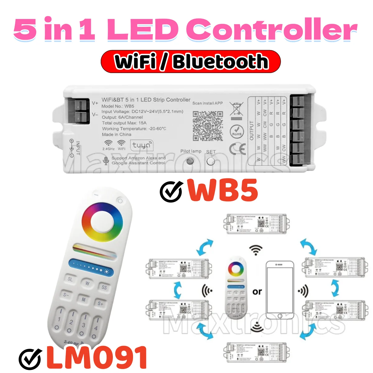 

Контроллер LED-ленты WB5 WiFi/Bluetooth 5-в-1 с голосовым управлением Tuya, Alexa, Google Home, диммер RGB/RGBW/CCT, радиочастотный пульт ДУ, 12В/24В
