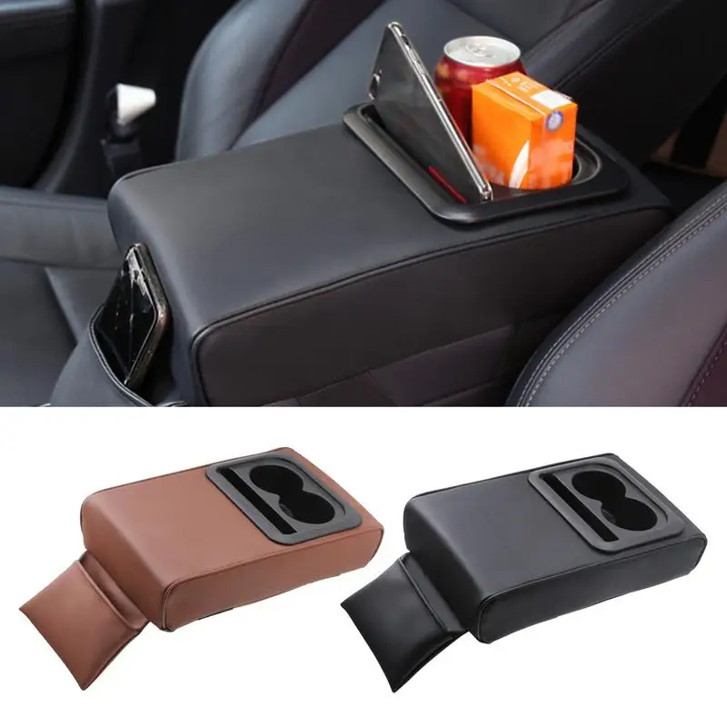 Car Console Armrest Box increase height Cushion With 2 Cup Holder PU Leather Armrest Cushion Elbow Support Protector Cover