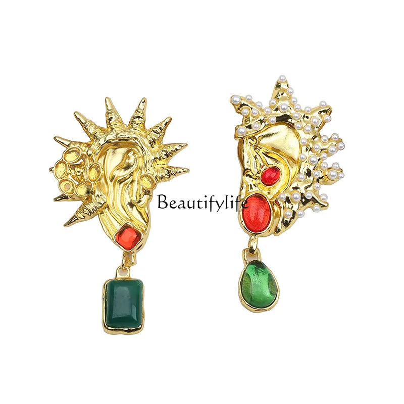 

Medieval court style golden glazed earrings fashion asymmetrical AB accessories