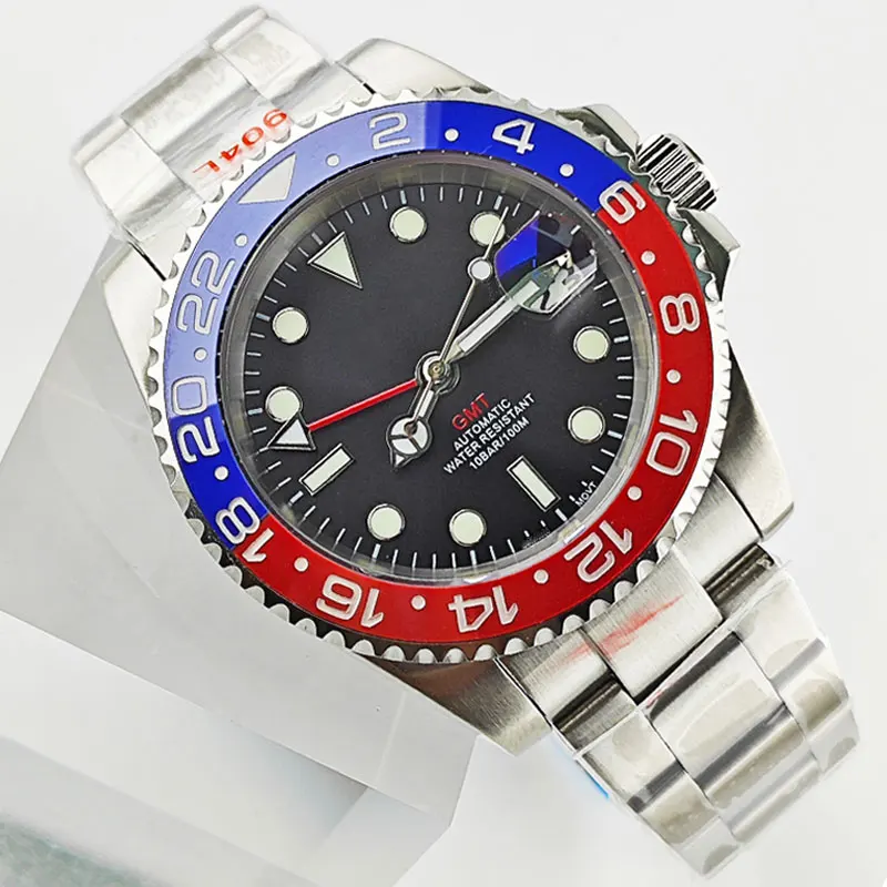 Caja de reloj Pepsi GMT de 40mm, esfera con logotipo personalizado compatible con movimiento NH34, cristal de zafiro, caja NH34 de acero inoxidable 316L C3 luminosa
