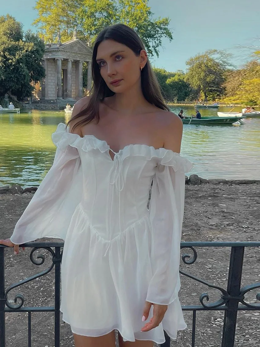 

Marthaqiqi Casual Ladies Pajamas Long Sleeve Nightgowns Lace Up Nightie Slash Neck Nightwear Mini Dress Loose Female Sleepwear