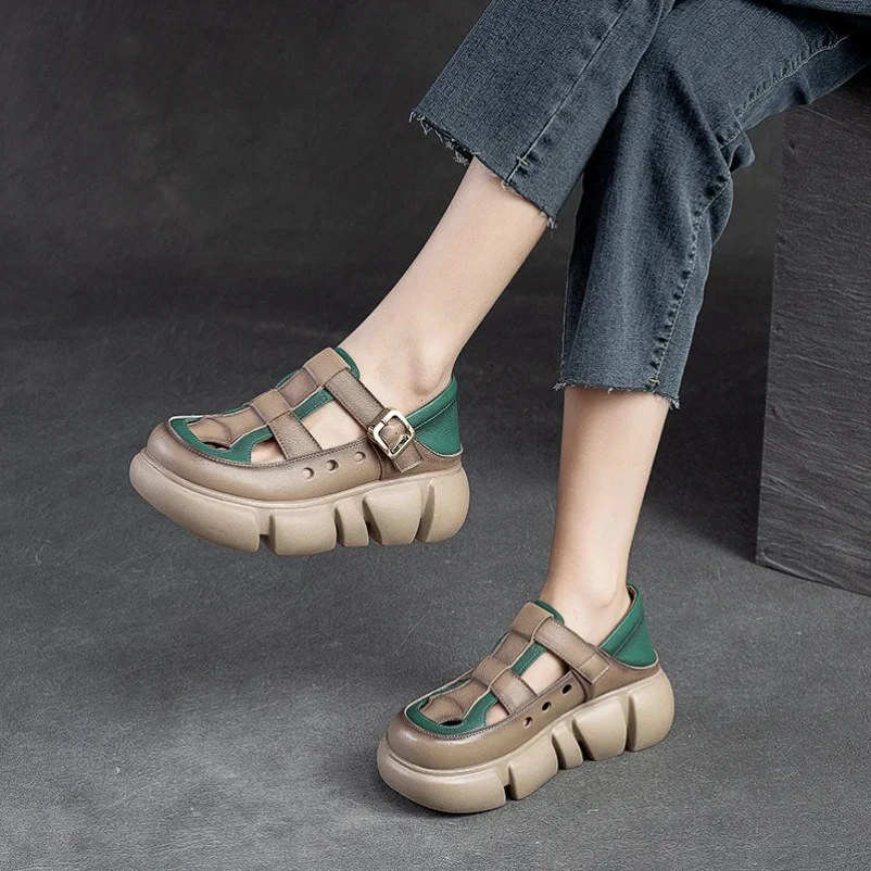 

2025 Summer Platform Shoes Women Hollow Out Breathable Metal Buckle Mixed Colors Genuine Cow Leather Wedges Heel Casual Shoes