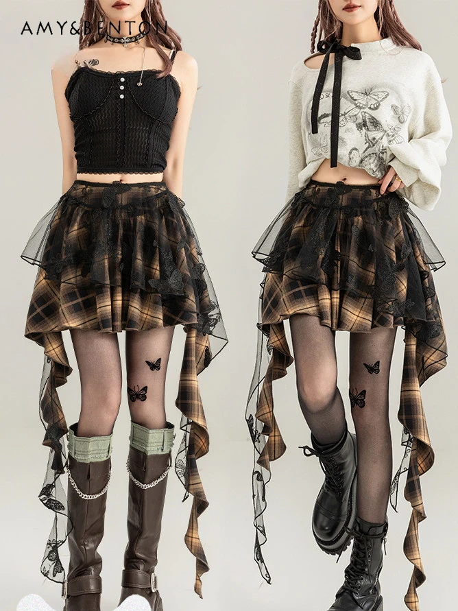 American Retro Hot Girl Butterfly Embroidered Ribbon Plaid Skirt Summer Harajuku Gothic Irregular Pleated Skirt Y2K Mini Skirt