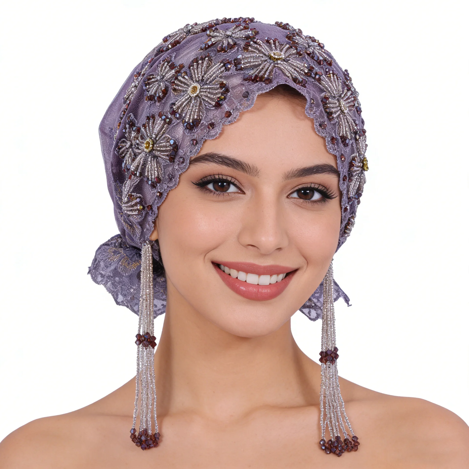 

2026 New Luxury Women's Hats Hijabs Soft Fabric Bead Tassel Hat Diamond Thread Embroidered Muslim Gorgeous Africa Free Size Caps