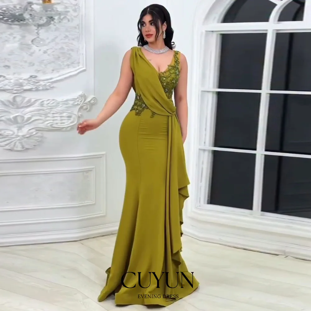

CUYUN Semi-Mermaid Saudi Women Evening Gown Formal Event Customized V-Neck Sleeveless Lace Appliques Saudi Long Party Dresses
