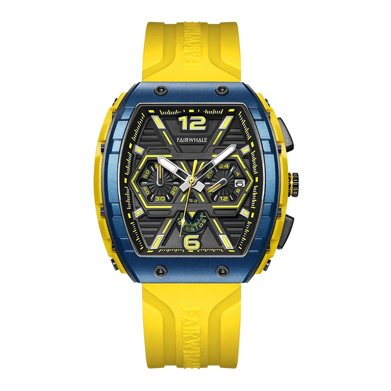 Top Brand Yellow Tonneau Sport Fashion Quartz Wrist Watches Hollow Out Screw Calendar montres étanches