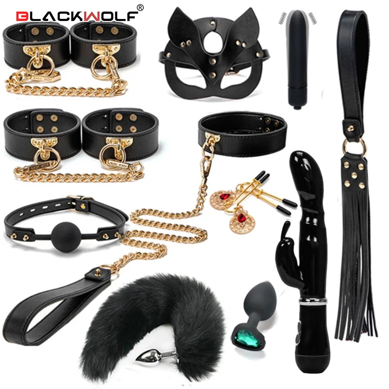 BLACKWOLF BDSM Bondage Kits Genuine Leather Restraint Set Handcuffs Collar Gag Rabbit Vibrators Adult Sex Toys For Women Couples