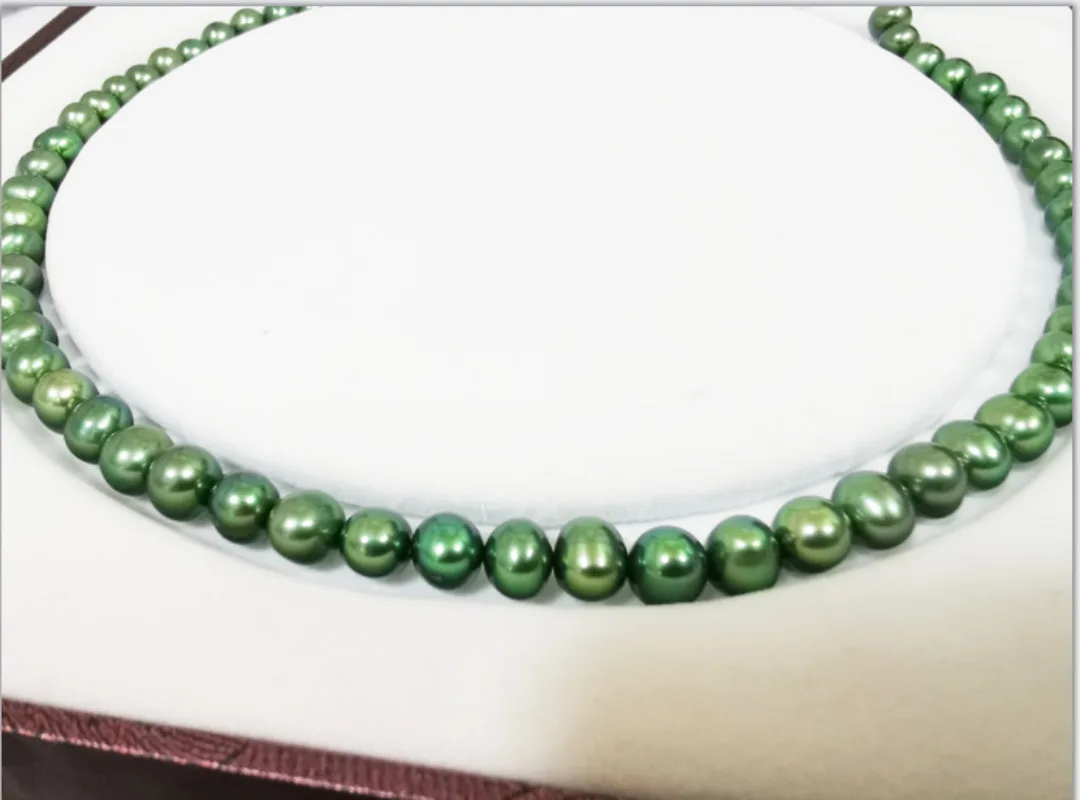 

Suberb 17"7-8mm Genuine Green Near Round Pearl Necklace for Men Women Jewelry Wedding Party 925 Sterling Silver 3028