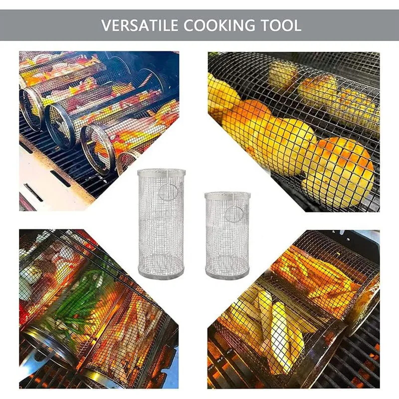 BBQ Basket 304 Stainless Steel Camping BBQ Mesh Cooking Tools Outdoor Camping BBQ Roll Vegetable French Fries Fish BBQ Basket