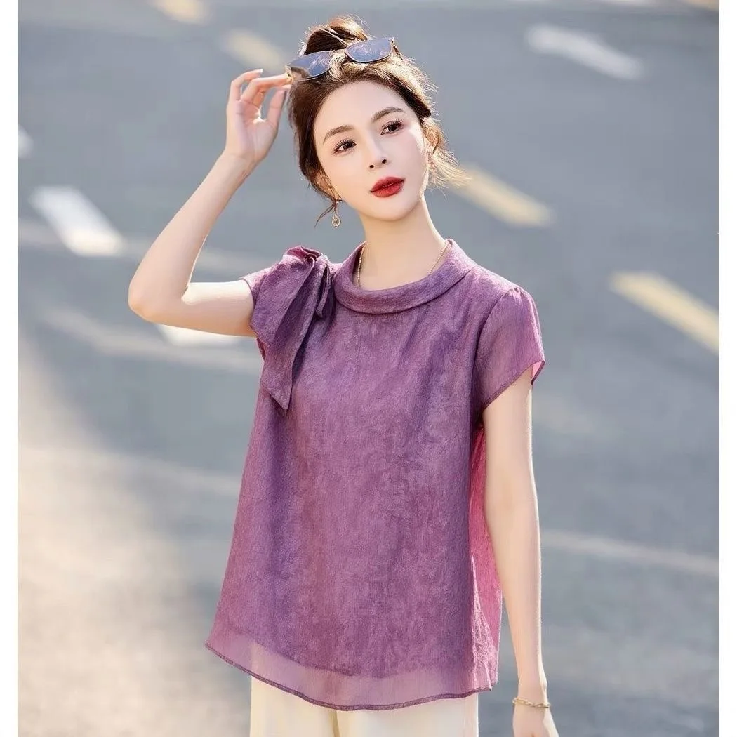 Fashionable Belted Design Thin Short Sleeve T-Shirt Women's Summer New Chinese Style Ageless Slimming Breathable Small Shirt