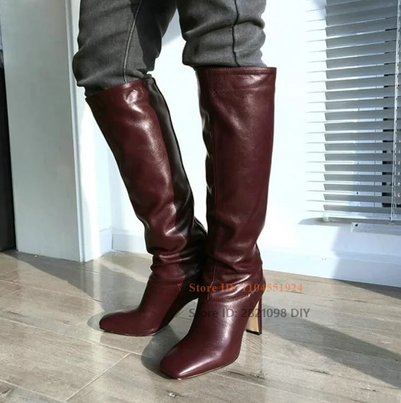 

Women Fashion Square Heel High Heel Boots Knee High Leather Square Toe Sexy Boots Autumn Winter Shoes