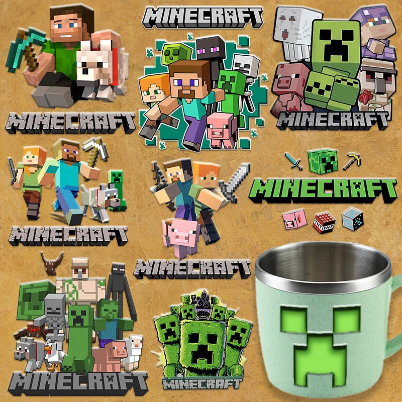 Autocollant de transfert UV Pixel Miner Crafting, étiquette en vinyle 3D mignonne, décalcomanie en relief, logo auto-adhésif, imperméable pour bouteille et cadeau