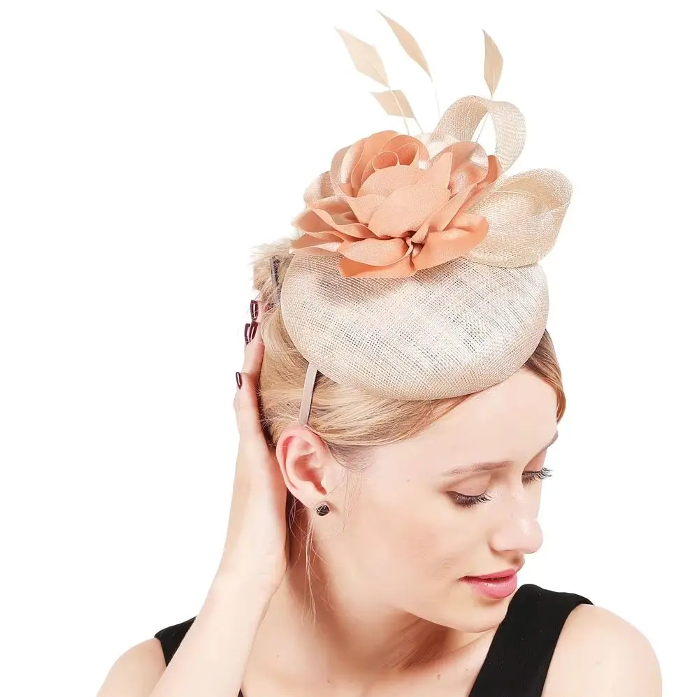 

Women Sinamay Wedding Fascinators Hat Gorgeous Small Top Hats with Feather Flower Ladies Cocktail Party Dress Hair Accessories