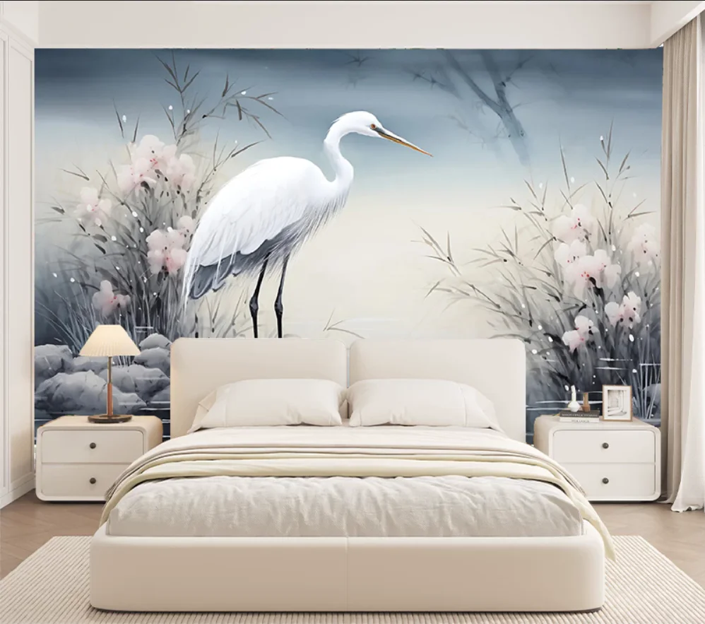 

Customized size mural hand-painted egret reed marsh wallpaper with pastoral style bamboo forest grass sketch wall painting