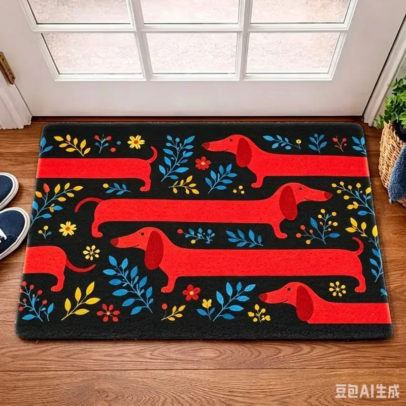 Funny Sausage Dog Entryway Welcome Mat Vintage Floral Leaf Area Rug Non-Slip Floor Carpet for Home Kitchen Corridor Doormat Gift