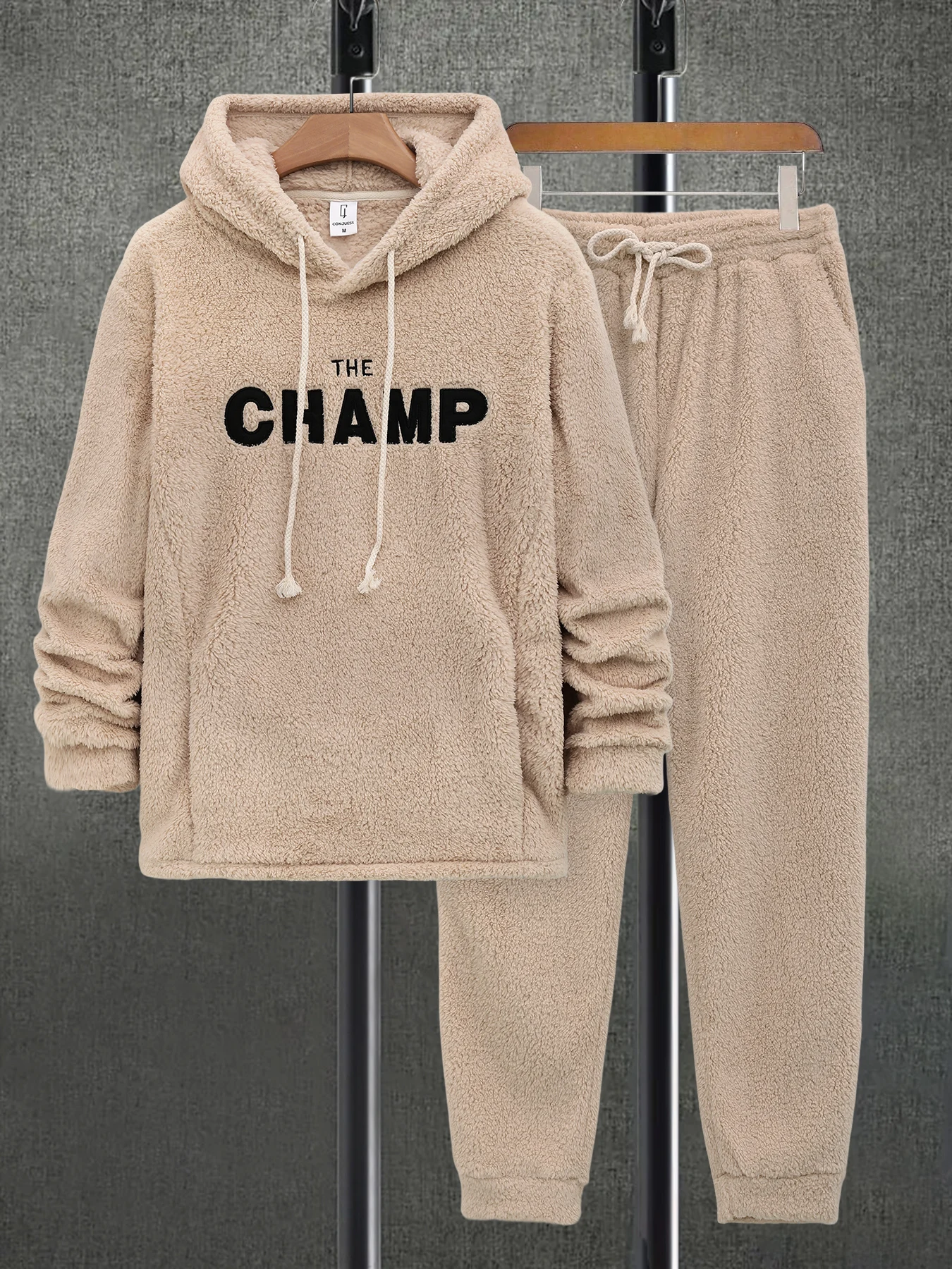 Set da uomo in pile invernale con cappuccio, felpa con lettera, pantaloni, caldo, casual, in due pezzi, comodo tuta streetwear