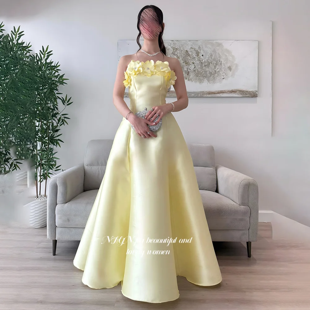 

NFYN Yellow Party Dress 3D Flowers Strapless Prom Dress A Line Formal Occasion Dress for Women حزب فساتين Customized
