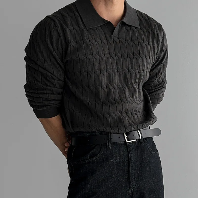 Mens Knit Sweater Polo Shirt V Neck Cable Stitch Business Collar Long Sleeve T Shirt Autumn Winter - Image 2