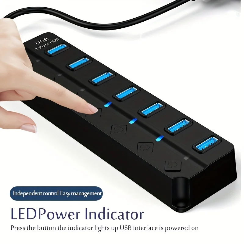 Concentrador USB 4/7 de 3,0 puertos con indicador LED, Control de interruptor independiente para ordenador portátil, unidad Flash, disco duro,