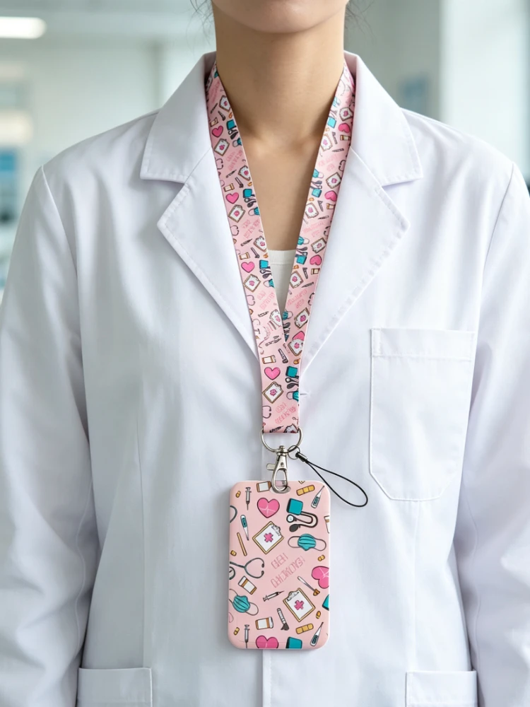 Pink Hard Shell Card Holder With Phone Lanyard for Doctor Nurse Work ID Student Factory Badge Bus Card Protective Sleeve