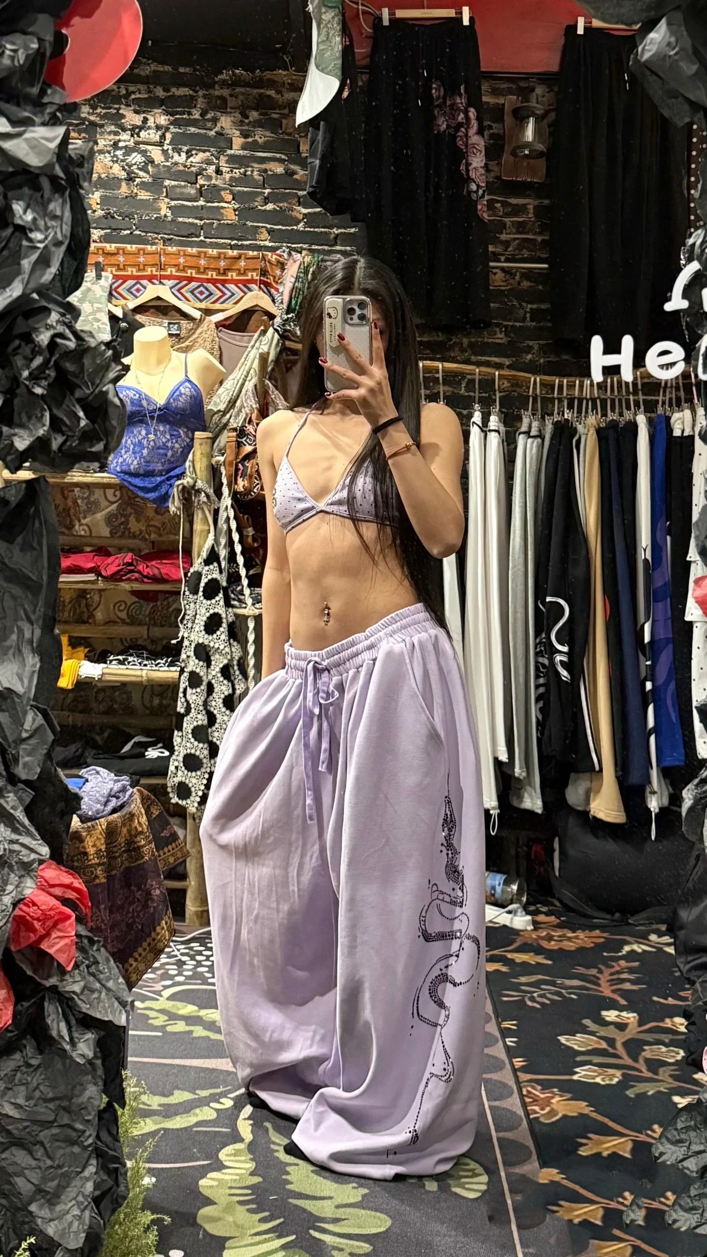 American Style Street Dance Jazz Loose Wide Leg Pants Women's Hip Hop Sports Pants Trendy High Waist Cotton Blend Diamond Hea...
