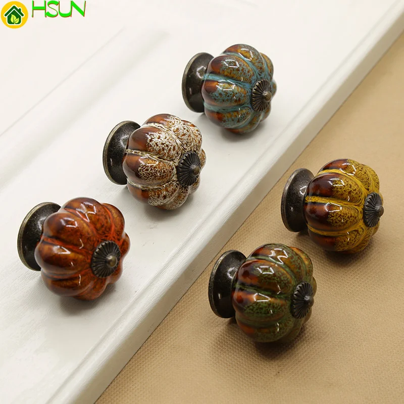 2 pcs European style simple pastoral single hole handle drawer cabinet door leopard pattern ceramic pumpkin handle