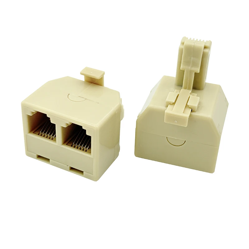RJ12 telephone splitter/receiver connector with 6P6C jack for three-way conversion, one male and two female connectors, 1 cm in