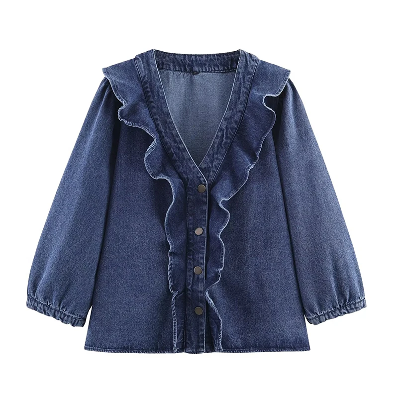 

Blue Denim Ruffle Shirt For Women Front Button Puff Sleeve V Neck Casual Blouse Spring Autumn Shirts