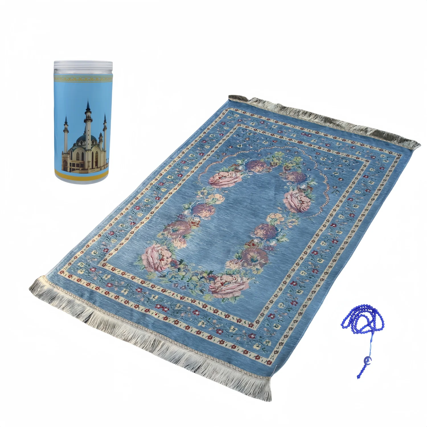 Tiny Floral Muslim Prayer Mat | Cylinder Gift Box Islamic Sajadah Rug for Ramadan Eid