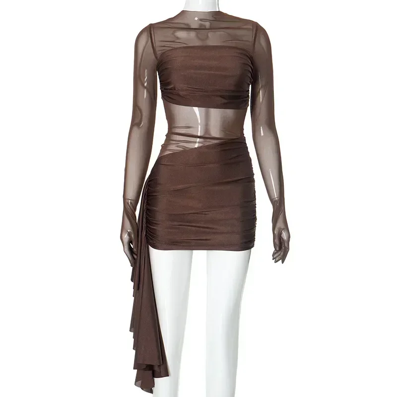 สีน้ําตาลเซ็กซี่ SHEER ตาข่ายดูผ่านผู้หญิง Y2K ชุดแฟชั่นฤดูร้อน Vestidos แขนยาว Club PARTY Dresses MINI
