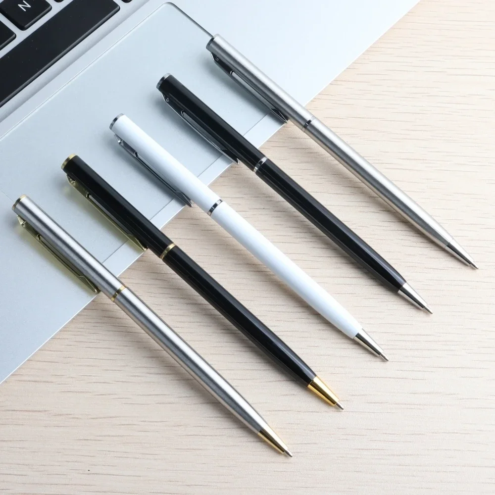 10 Pcs/Set Metal Ballpoint Pens Stainless Steel Pen 0.7mm Blue Black Ink Rotating Style Ball Pens Stationery For School  Supplie