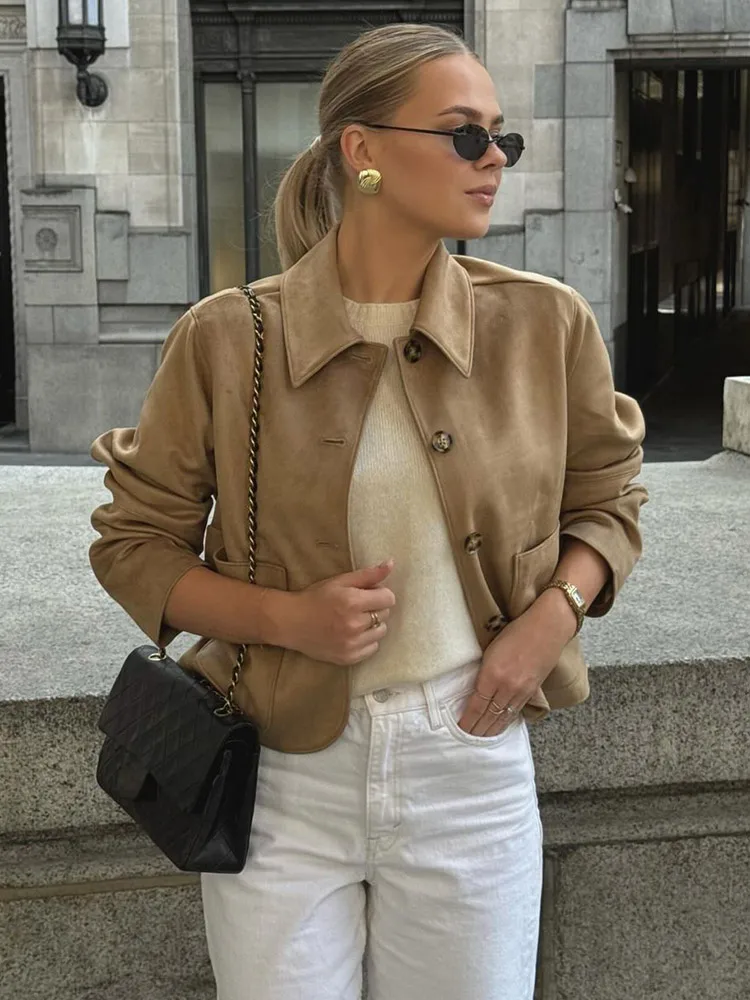 

Fashion Khaki Short Suede Jackets For Women Elegant Lapel Long Sleeve Single Breasted Solid Coats 2024 Female Street Pockets Top