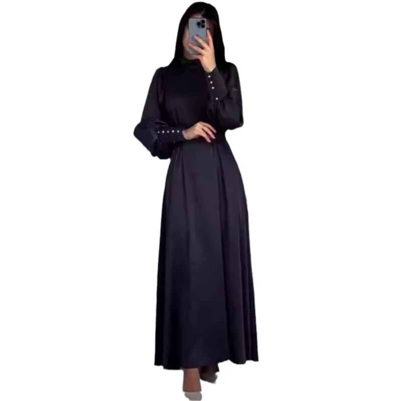 Jy 2024 Herfst Nieuwe Taille Gebonden Effen Kleur Half Hoge Kraag Lange Mouwen Slanke Tailleband Retro Elegant En Royale Jurk