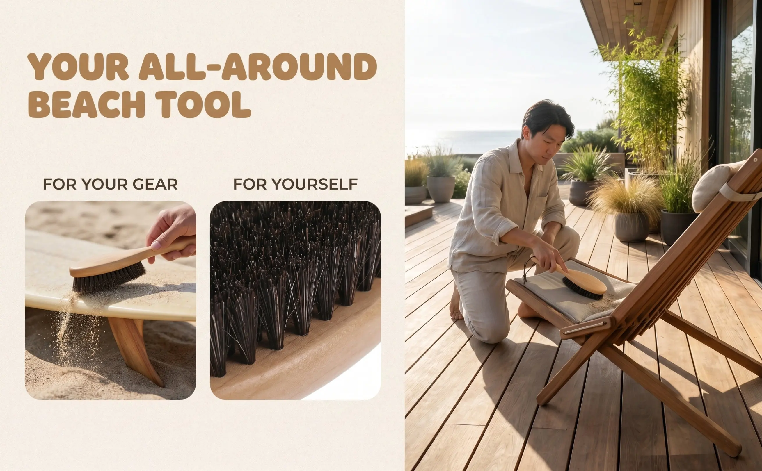 Sand Remover Brush for Beach Outdoor Use Sand Scraper Cleaning Tool for Feet Surfboards Chairs Tents Natural Material