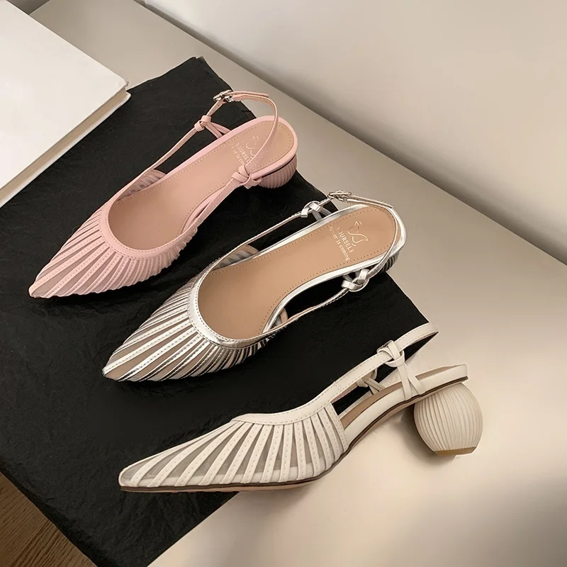 

Pink Hollow Out Design Women Sandals 5cm Round Heels Silver Summer Shoes Pointed Toe Slingback Beige Prom Party Pumps Sandalias